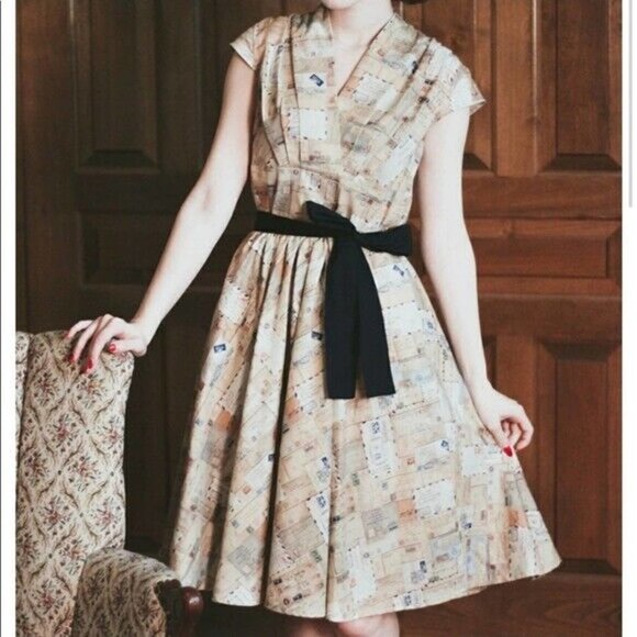Retrolicious Dresses & Skirts - RETROLICIOUS Mail Love Letters Postage Fit & Flare Dress Beige Size XS H14887
